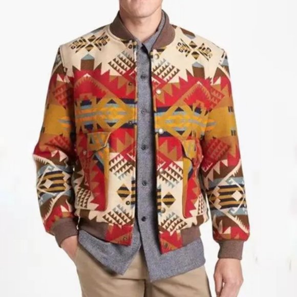 OhKayCloset Other - Aztec Inspired Geometric Print Bomber Jacket Size Medium Orange Brown Cream NEW